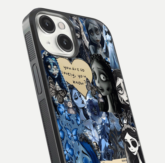 Corpse Bride Posters Glass Case for iPhone 13 close-up highlighting detailed artwork and reflection polish