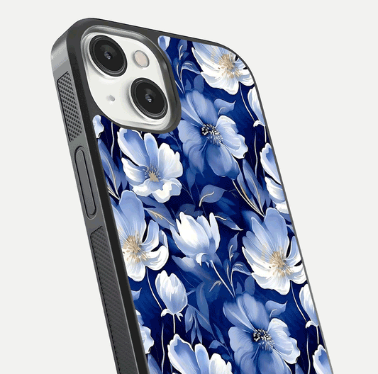 Cute Floral Patterns Glass Case for iPhone 13 close-up highlighting flowers and gloss reflection