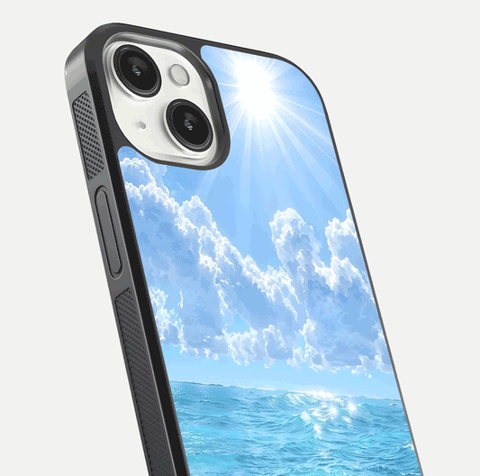 Endless Ocean Horizon Glass Case for iPhone 13 close-up highlighting water texture and reflection shine