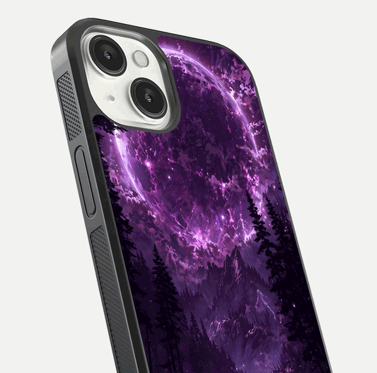 Eternal Cosmic Drive Glass Case for iPhone 13 close-up highlighting cosmic lights and reflection depth