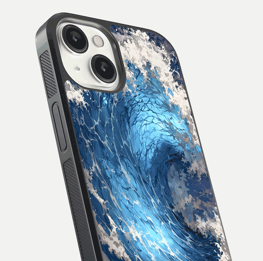 Giant Ocean Wave Glass Case for iPhone 13 close-up angled shot showing wave texture and water reflection shine