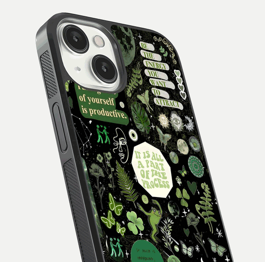 Green Moon Energy Glass Case for iPhone 13 close-up angled shot showing glowing lunar detail and reflection shine