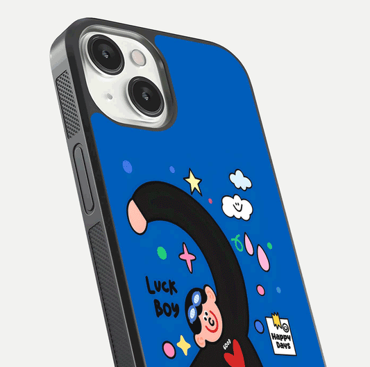 Happy Luck Vibe Glass Case for iPhone 13 close-up angled shot showing color details and reflection shine