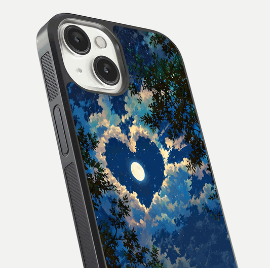 Heart with Moon Sky Glass Case for iPhone 13 close-up angled shot showing lunar reflection and shine detail