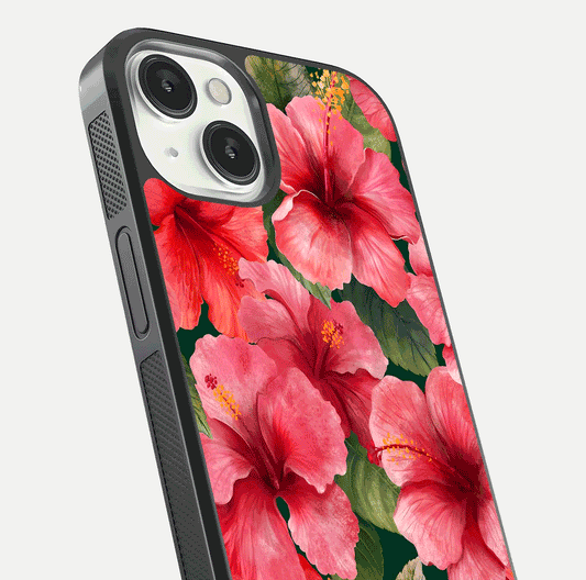 Hibiscus Pattern Glass Case for iPhone 13 close-up angled shot showing flower details and gloss reflection