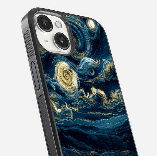 Midnight Sky Whirl Glass Case for iPhone 13 close-up angle showing spiral design and HD gloss reflection