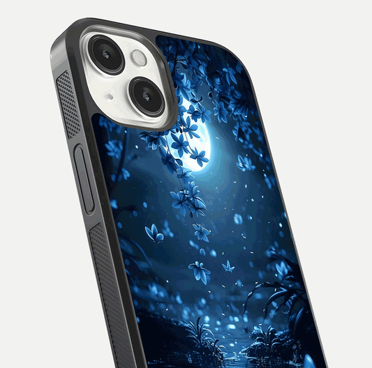 Moonlight Petal Dream Glass Case for iPhone 13 close-up angled shot showing petal reflection and glow texture