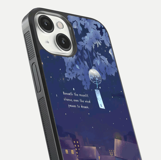 Moonlit Cat Silence Glass Case for iPhone 13 close-up angled shot showing soft glow and reflection texture