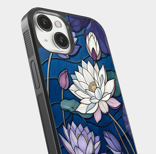 Purple Lotus Stained Glass Case for iPhone 13 close-up angled shot highlighting glass pattern and reflection