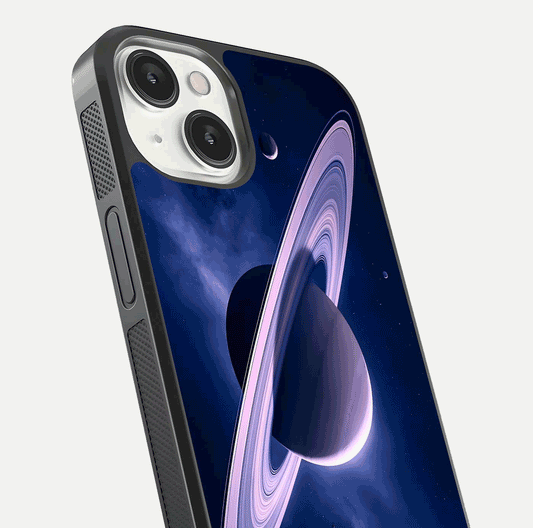 Saturn Ring Mystique Glass Case for iPhone 13 close-up angled shot highlighting ring detail and HD reflection