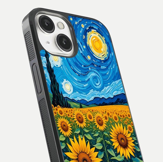 Starry Sunflower Dreams Glass Case for iPhone 13 close-up angled shot highlighting petal texture and gloss
