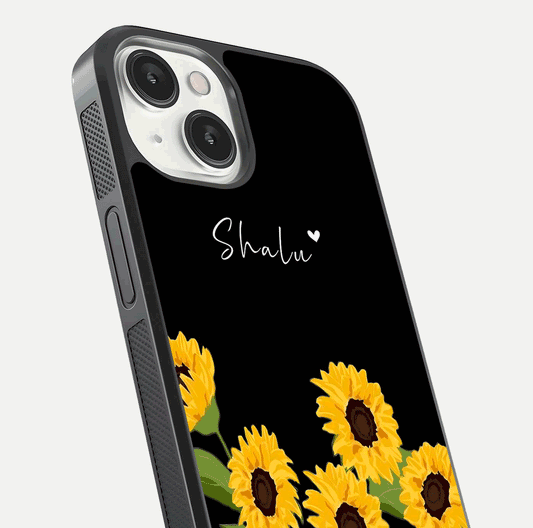Sunflower Chic Mood Custom Name Glass Case for iPhone 16 Pro close-up angled shot showing HD sunflower pattern