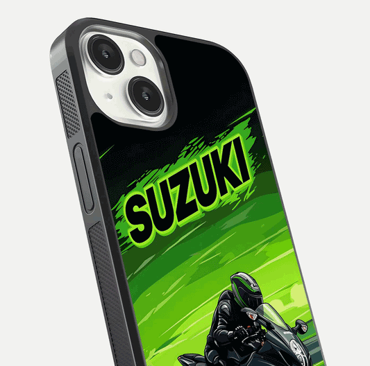 Suzuki Speed Beast Glass Case for iPhone 13 close-up angled shot highlighting bold tones and reflection