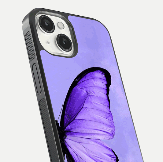 Violet Dream Wing Glass Case for iPhone 13 close-up angled shot highlighting wing texture and reflection
