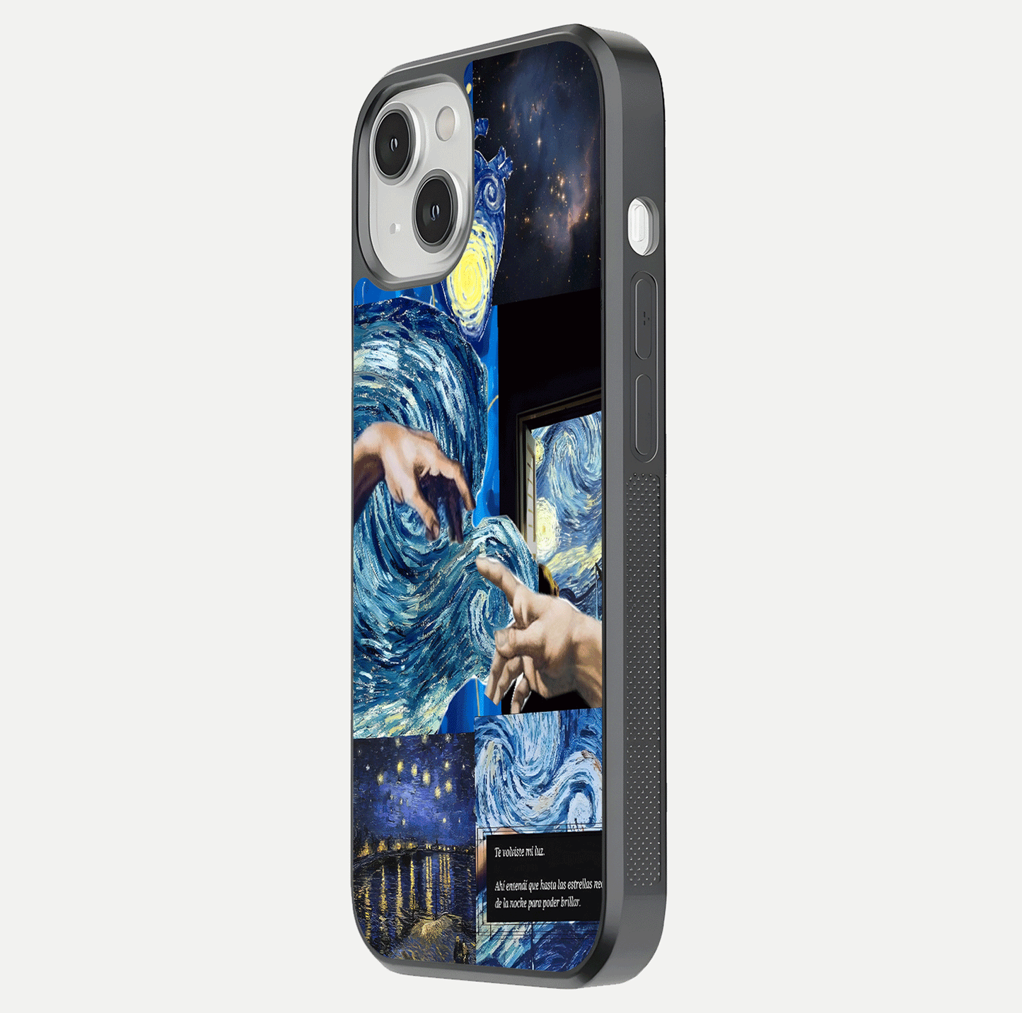 Aesthetic Vando Hands Glass Case for iPhone 13 side-angle image showcasing hand design, protective edges, and gloss texture
