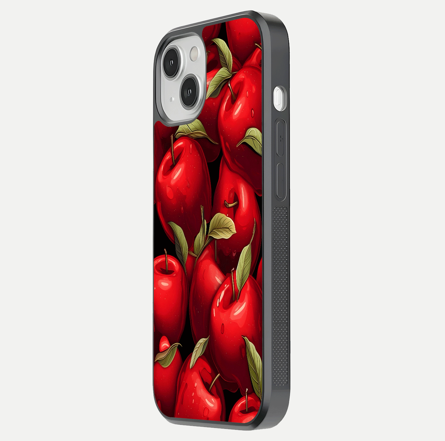 Apple Pattern Glass Case for iPhone 13 side-angle image showcasing minimalist apple print and gloss reflection