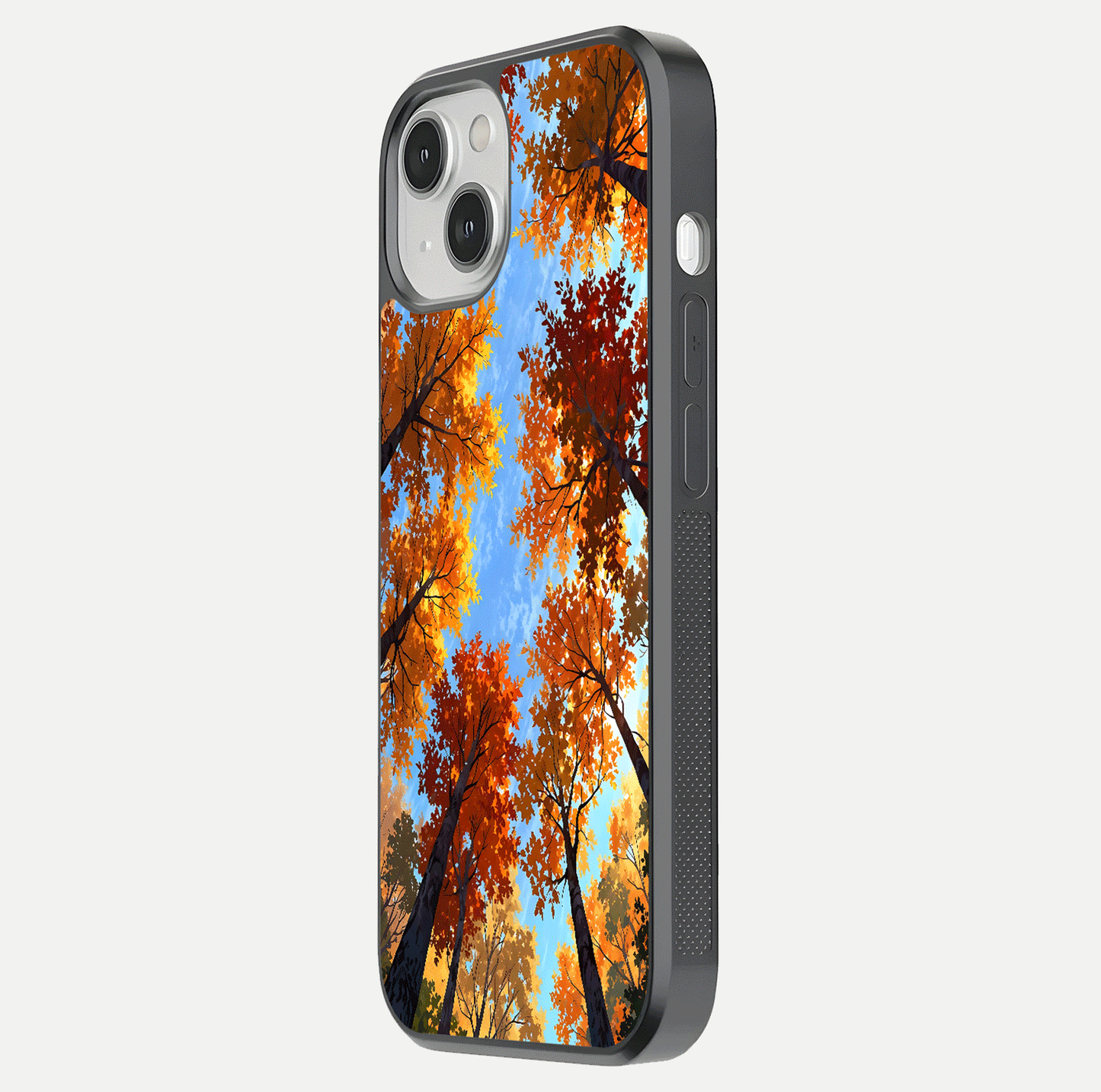 Autumn Sky Rise Glass Case for iPhone 13 side-angle showing autumn art tones and protective corners