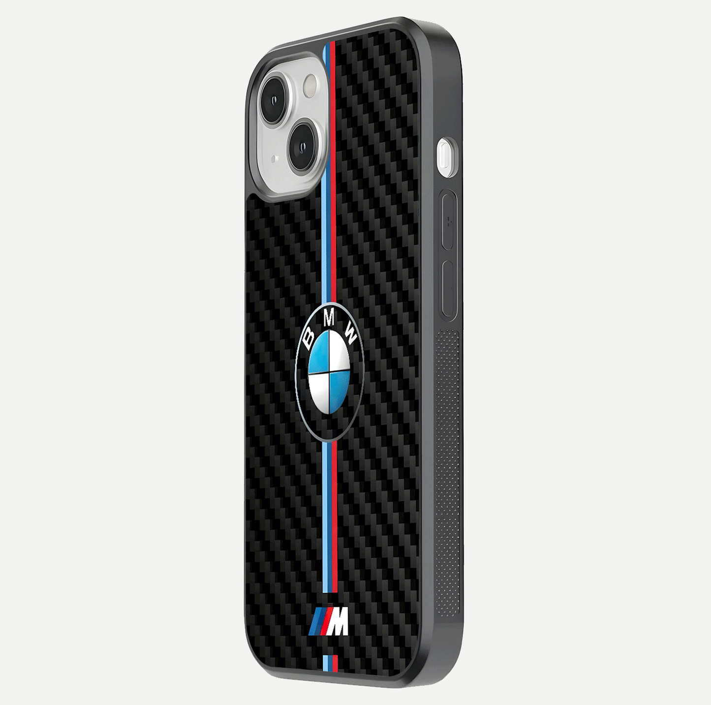 BMW Pattern Glass Case for iPhone 13 side-angle image showing edge finish and luxury car-inspired shine