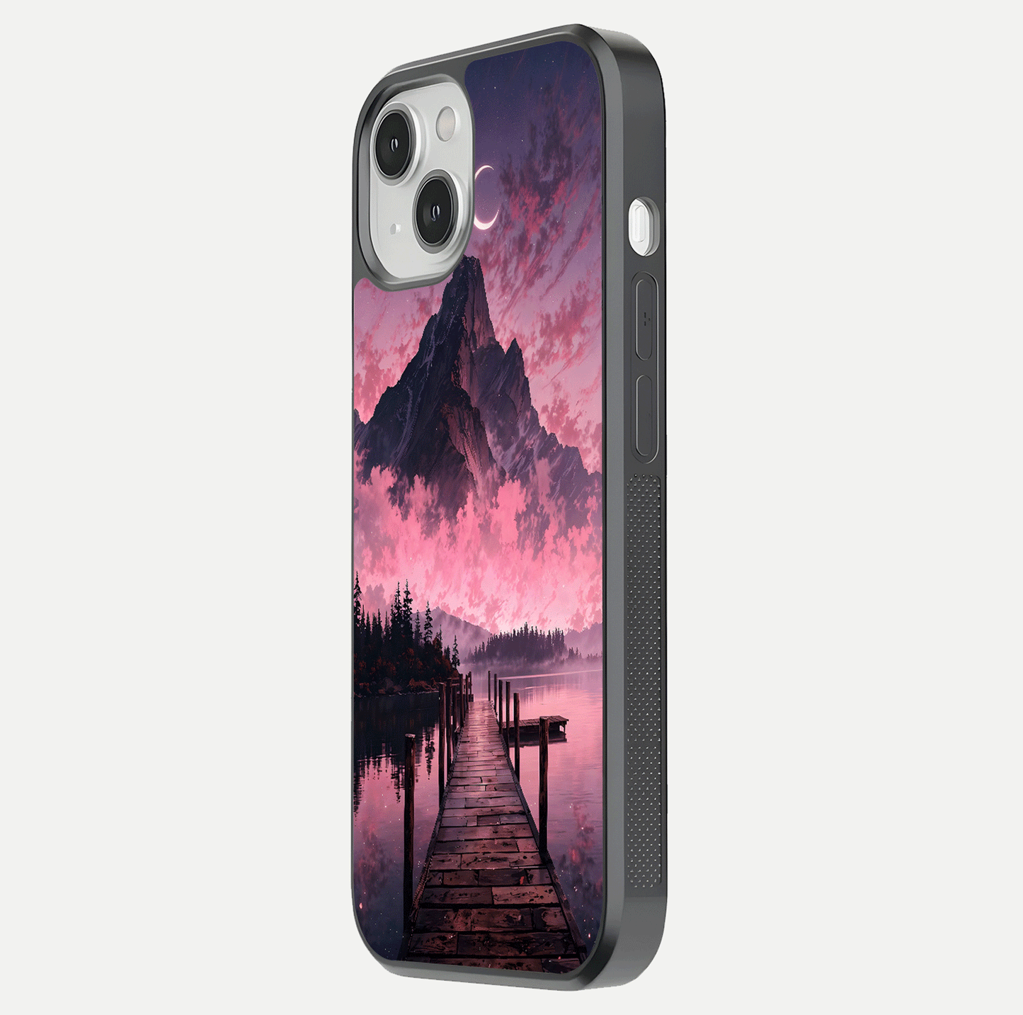 Beautyful Mountain View Glass Case for iPhone 16 Pro side-angle image displaying mountain artwork and gloss surface