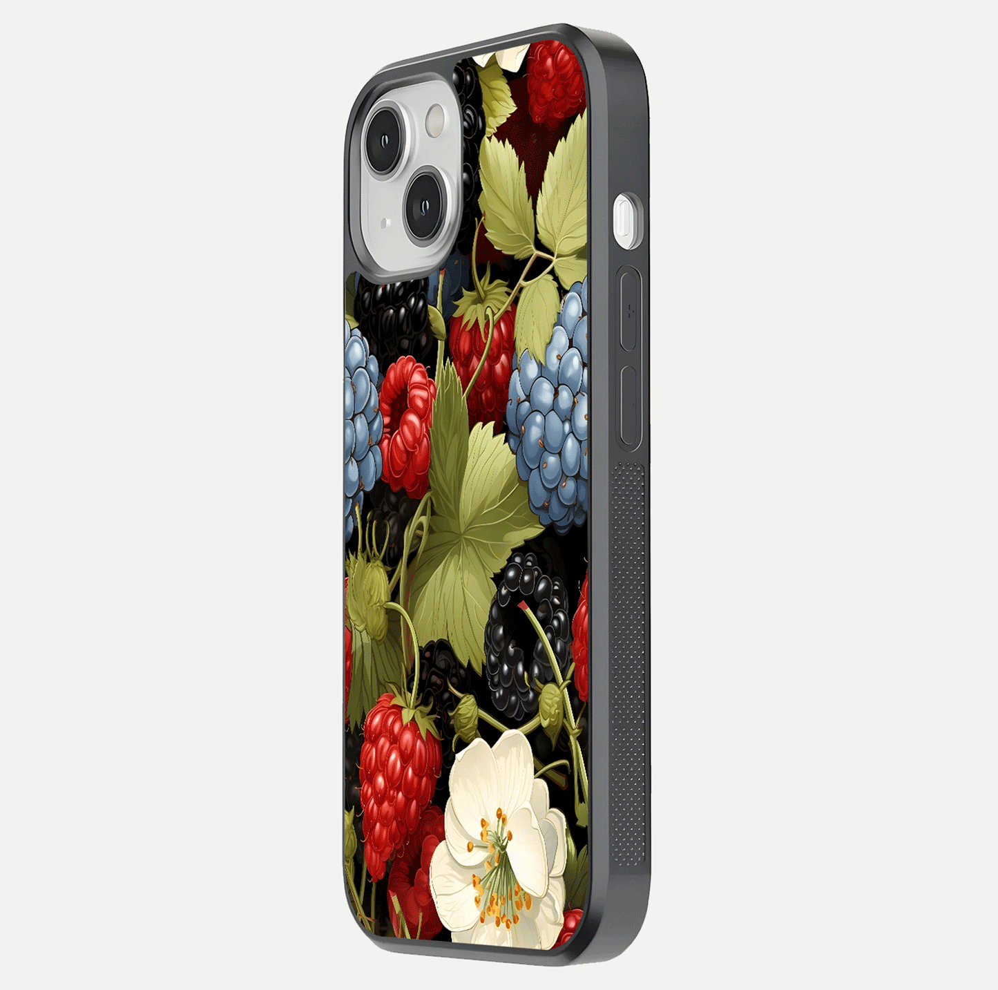 Berry Bloom Charm Glass Case for iPhone 16 Pro side-angle image showing floral texture and high-definition print gloss