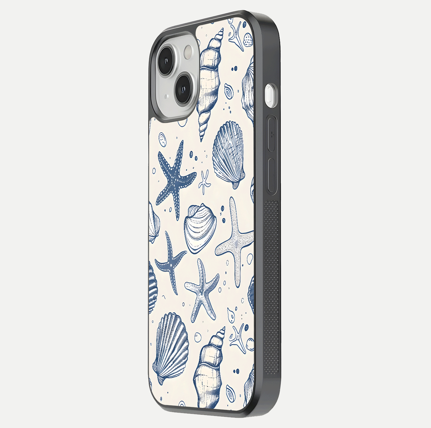 Blue Ocean Outline Glass Case for iPhone 13 side-angle view showing clear edge lines and oceanic blue glow