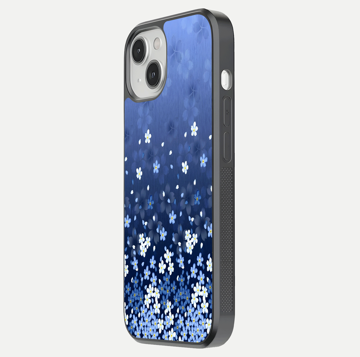 Blue Starry Glass Case for iPhone 13 side-angle photo showing light reflection and detailed star pattern