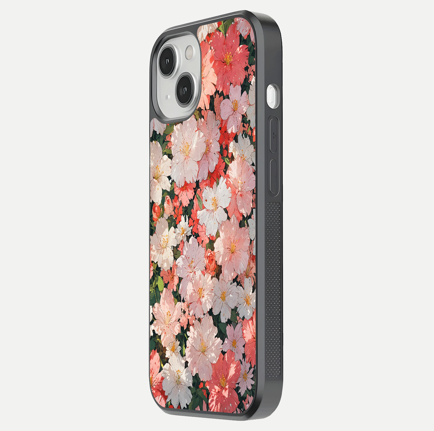 Blush Bloom Field Glass Case for iPhone 13 side-angle image showing petal pattern gloss and smooth edges