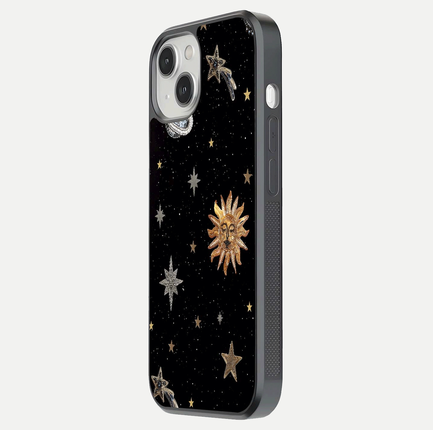 Celestial Moon With Stars Glass Case for iPhone 13 side-angle view showing curved edges and shimmer glow