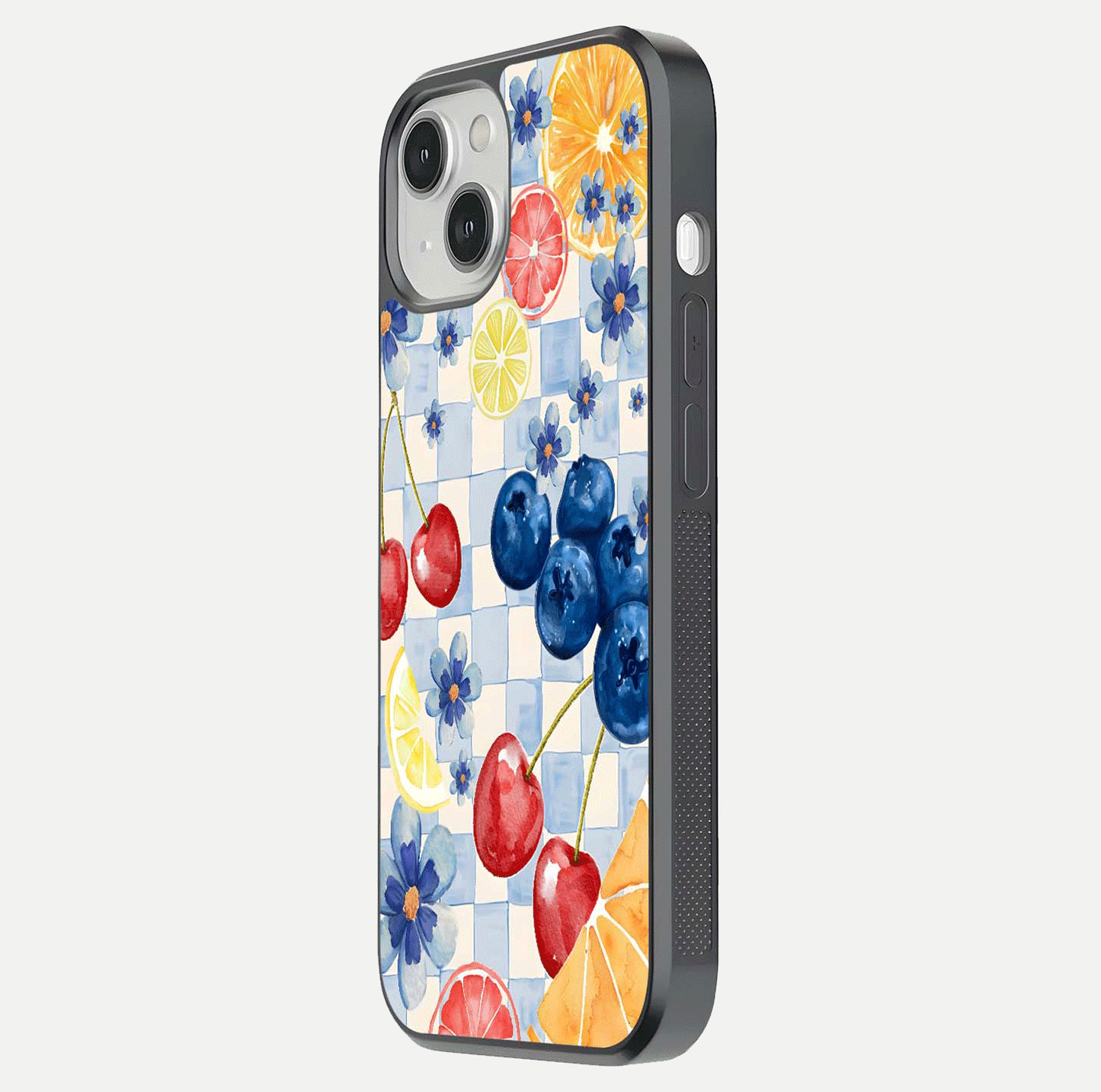 Citrus Bloom Joy Glass Case for iPhone 13 side-angle photo capturing bright color and glass reflection