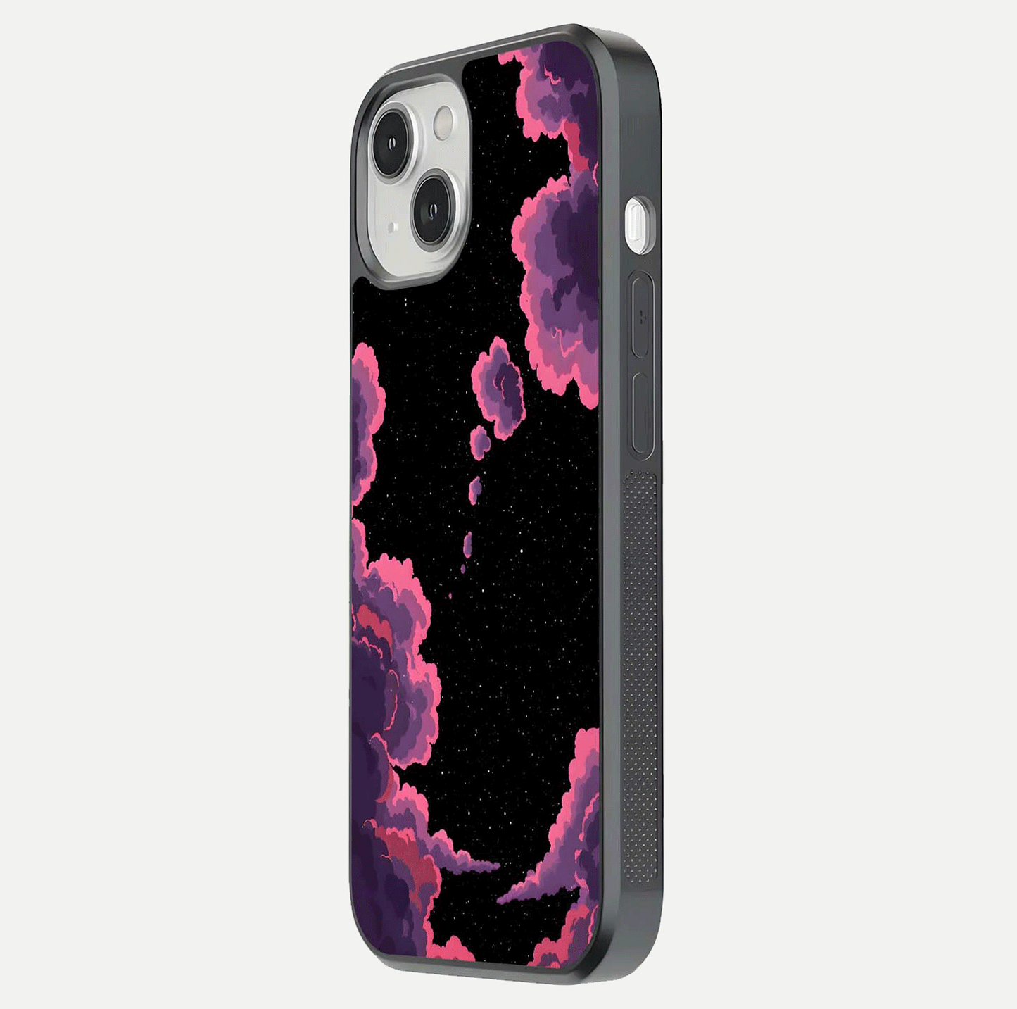 Cosmic Cloud Journey Glass Case for iPhone 13 side-angle photo showing glass reflection and smooth tone