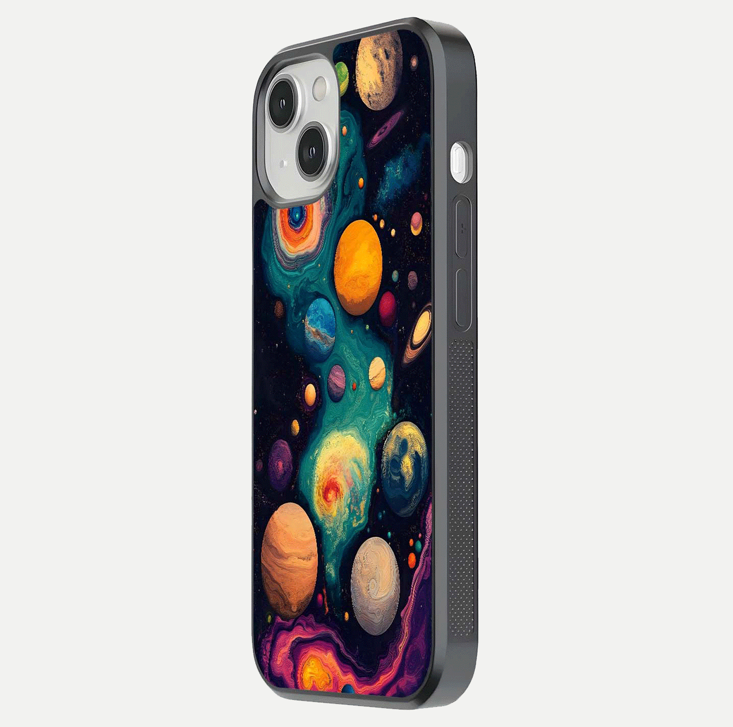 Cosmic Planet Journey Glass Case for iPhone 13 side-angle image capturing smooth gloss and reflective edges