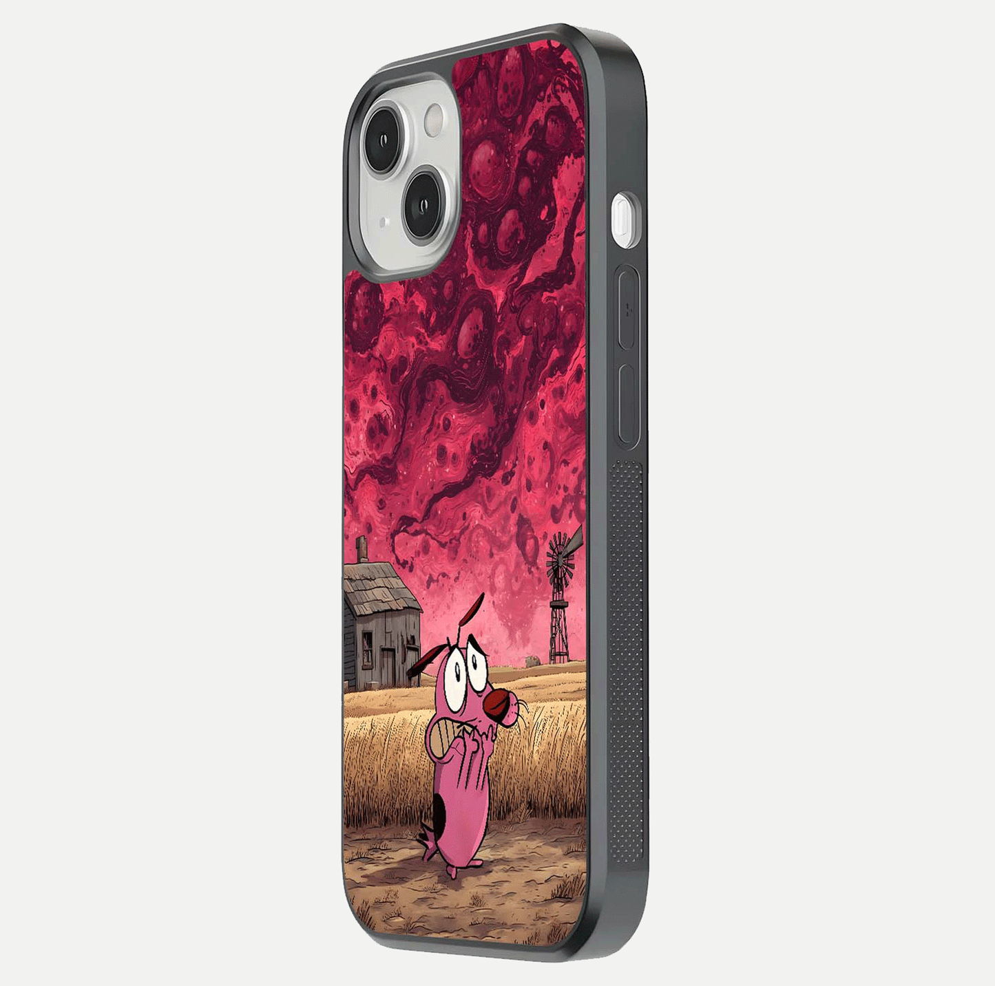 Courage Under Sky Glass Case for iPhone 13 side-angle photo showing gloss tone and curve highlight