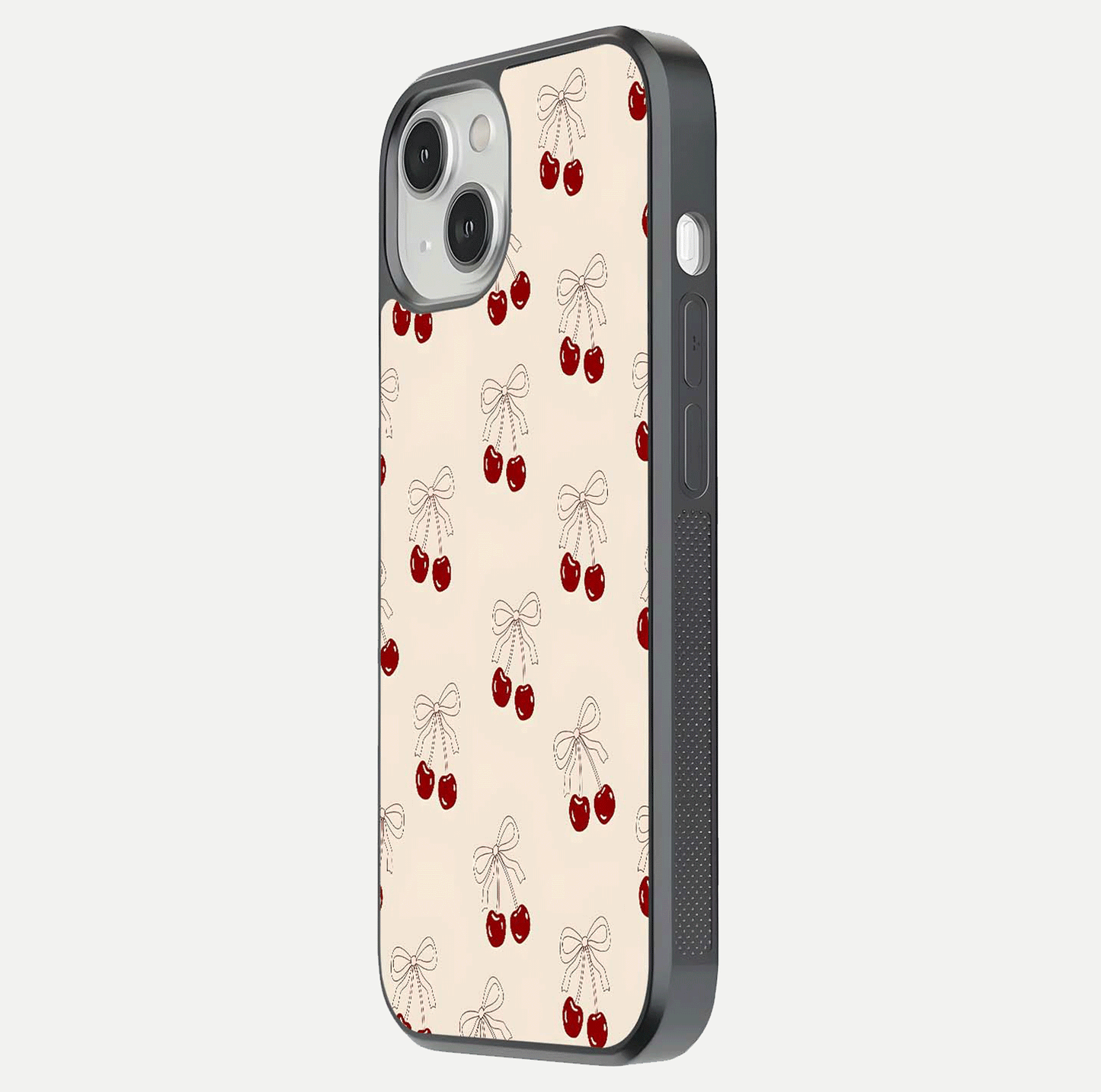 Cute Cherry Pattern Glass Case for iPhone 13 side-angle photo highlighting gloss curve and pattern clarity