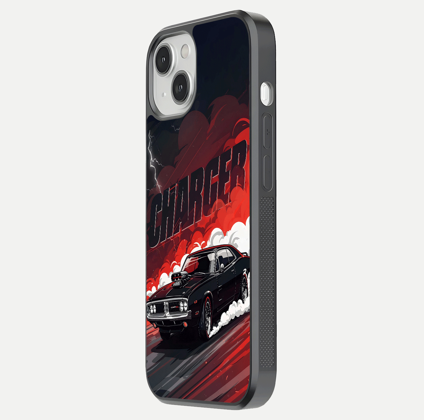 Dark Charger Fury Glass Case for iPhone 13 side-angle image showing edge gloss and bold tone