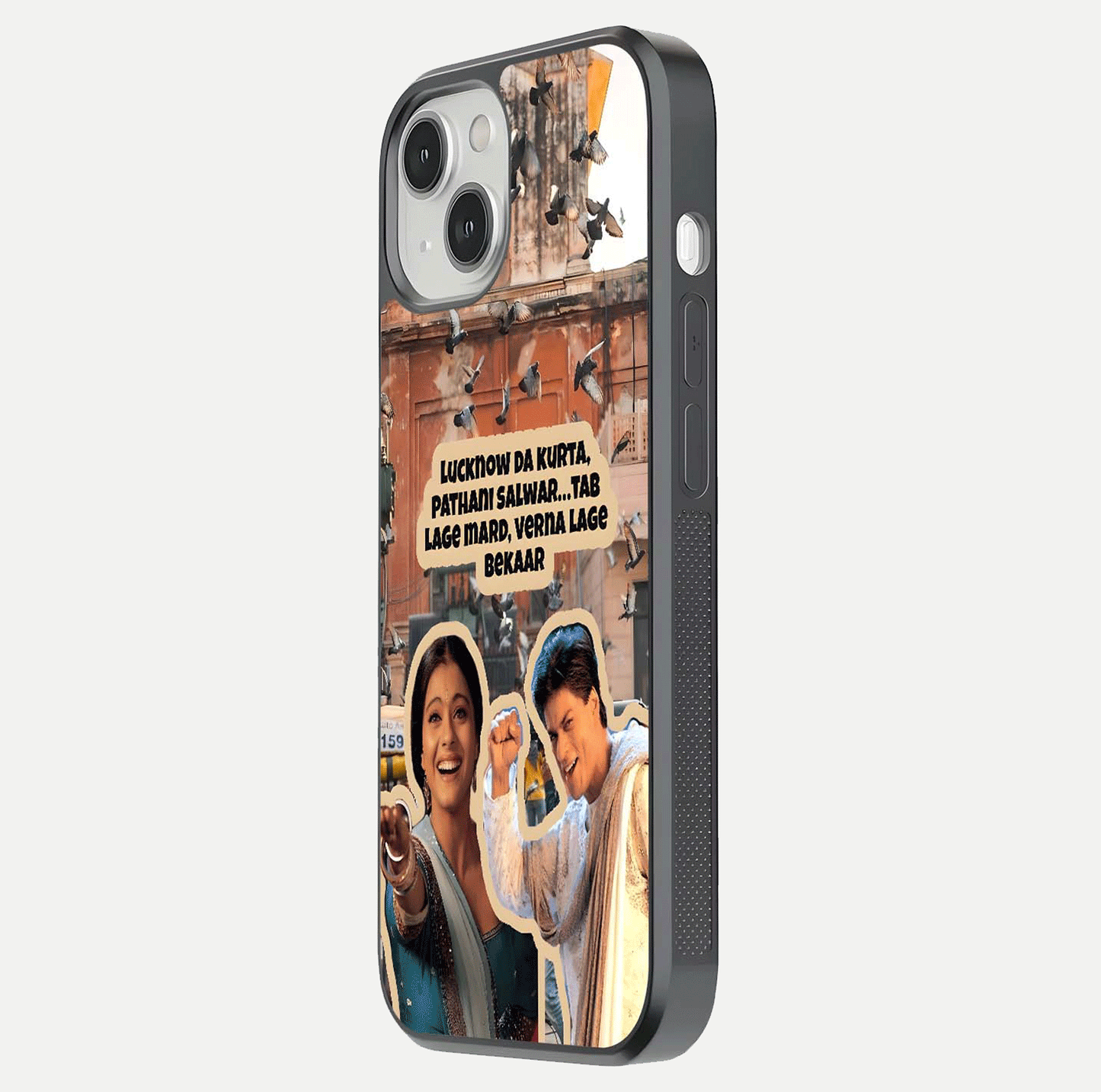 Desi Retro Vibes Glass Case for iPhone 13 side-angle image displaying gloss texture and bold pattern