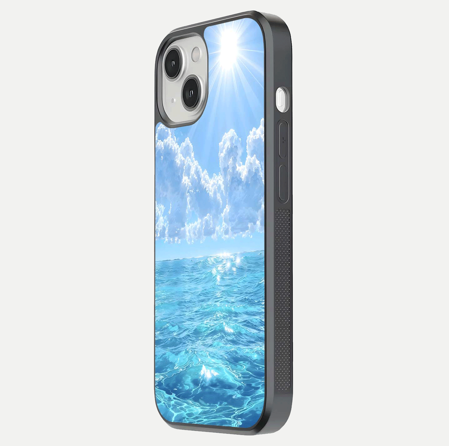 Endless Ocean Horizon Glass Case for iPhone 13 side-angle photo showing reflection glow and wave tone