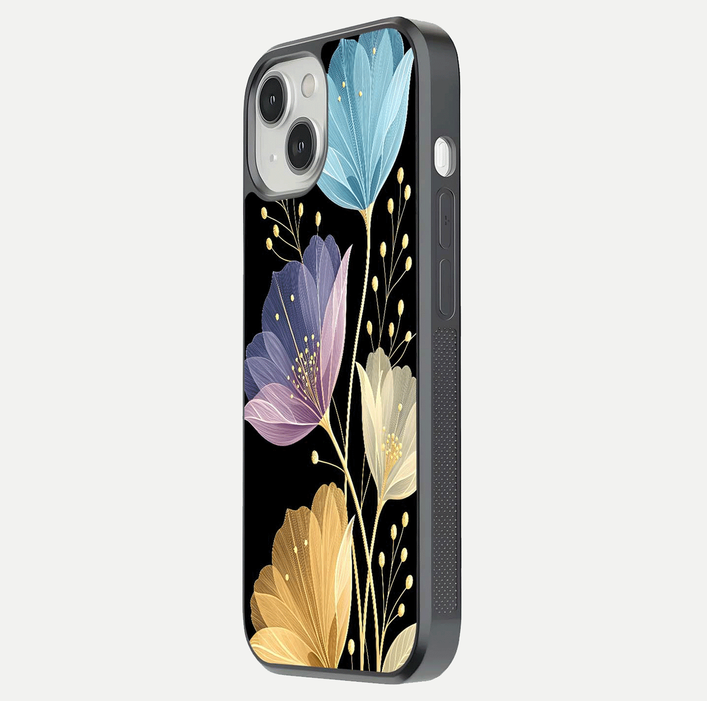 Flower Bloom Glow Glass Case for iPhone 13 side-angle image capturing gloss reflection and flower glow