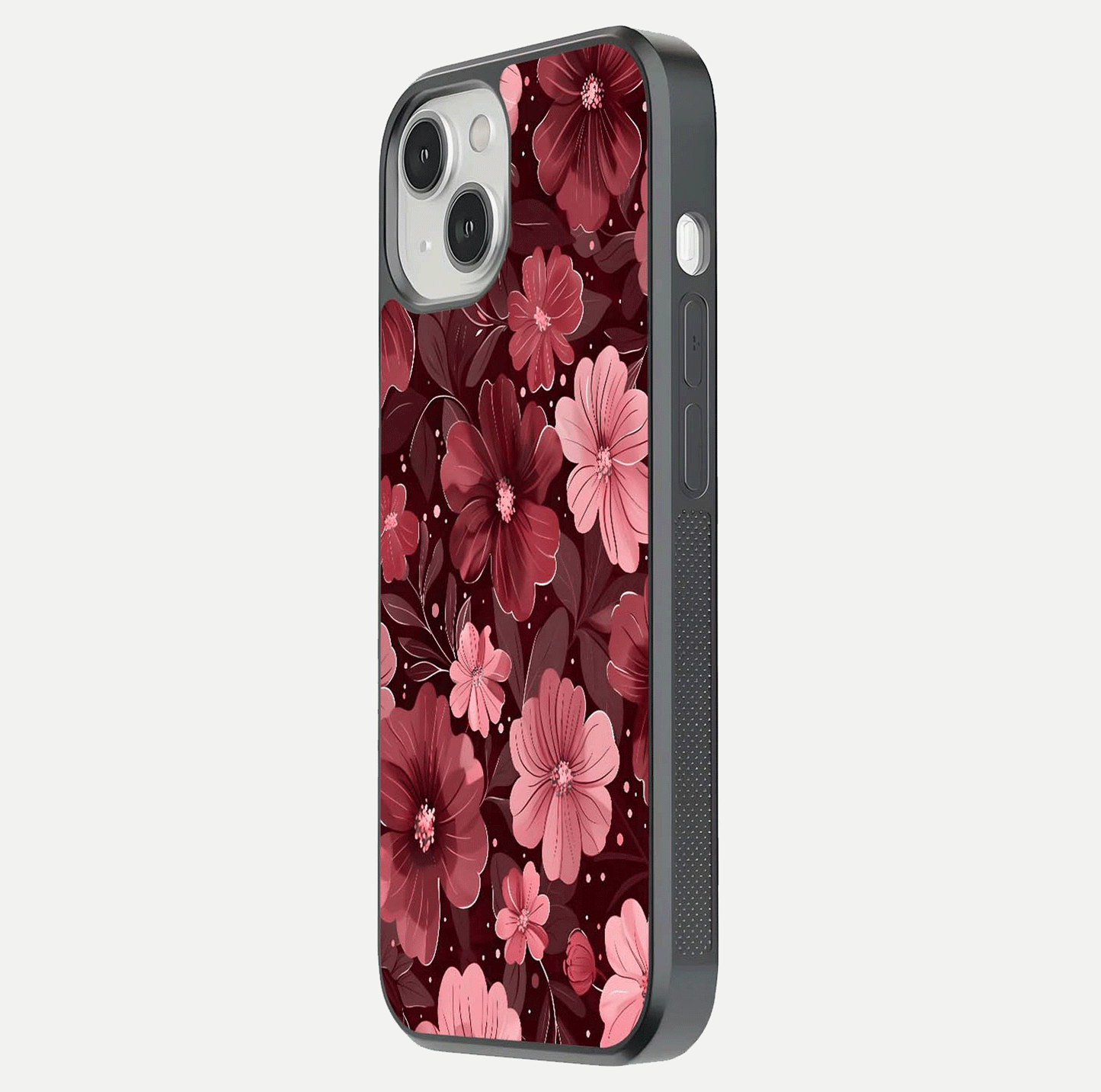 Flower Blush Bloom Glass Case for iPhone 13 side-angle photo showing glass reflection and delicate hues