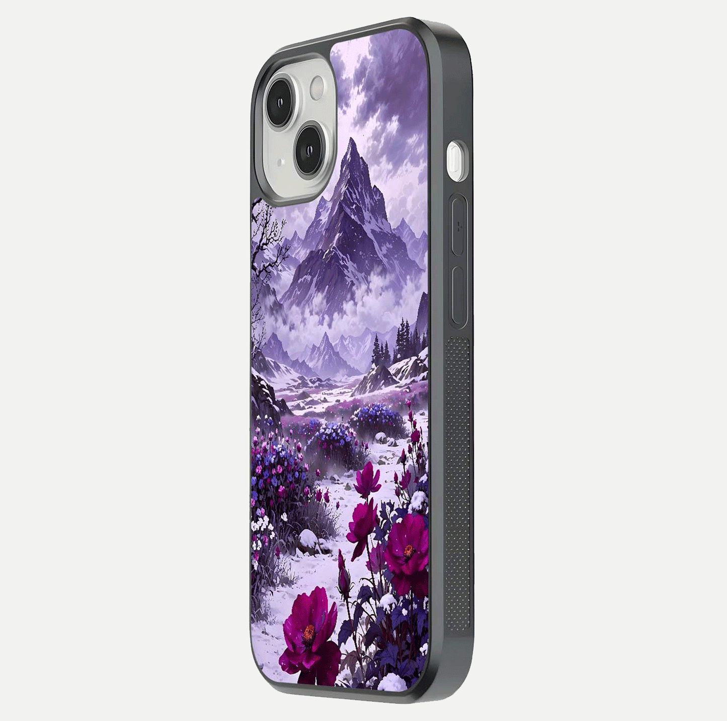 Flower Mountain View Glass Case for iPhone 13 side-angle image showing gloss polish and smooth edge