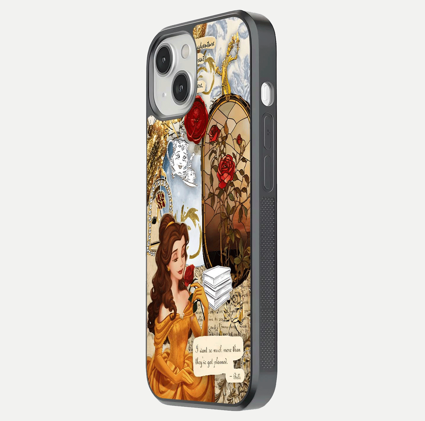 Golden Dream Belle Glass Case for iPhone 13 side-angle image showing reflective edges and premium golden tint