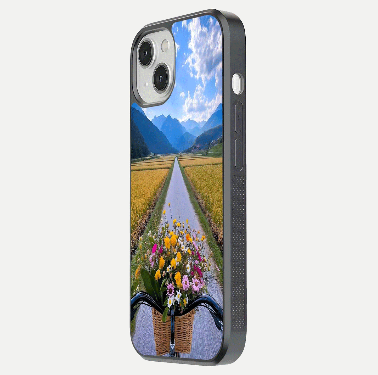 Golden Field Journey Glass Case for iPhone 13 side-angle image showing golden glow, reflection shine, and curved edge