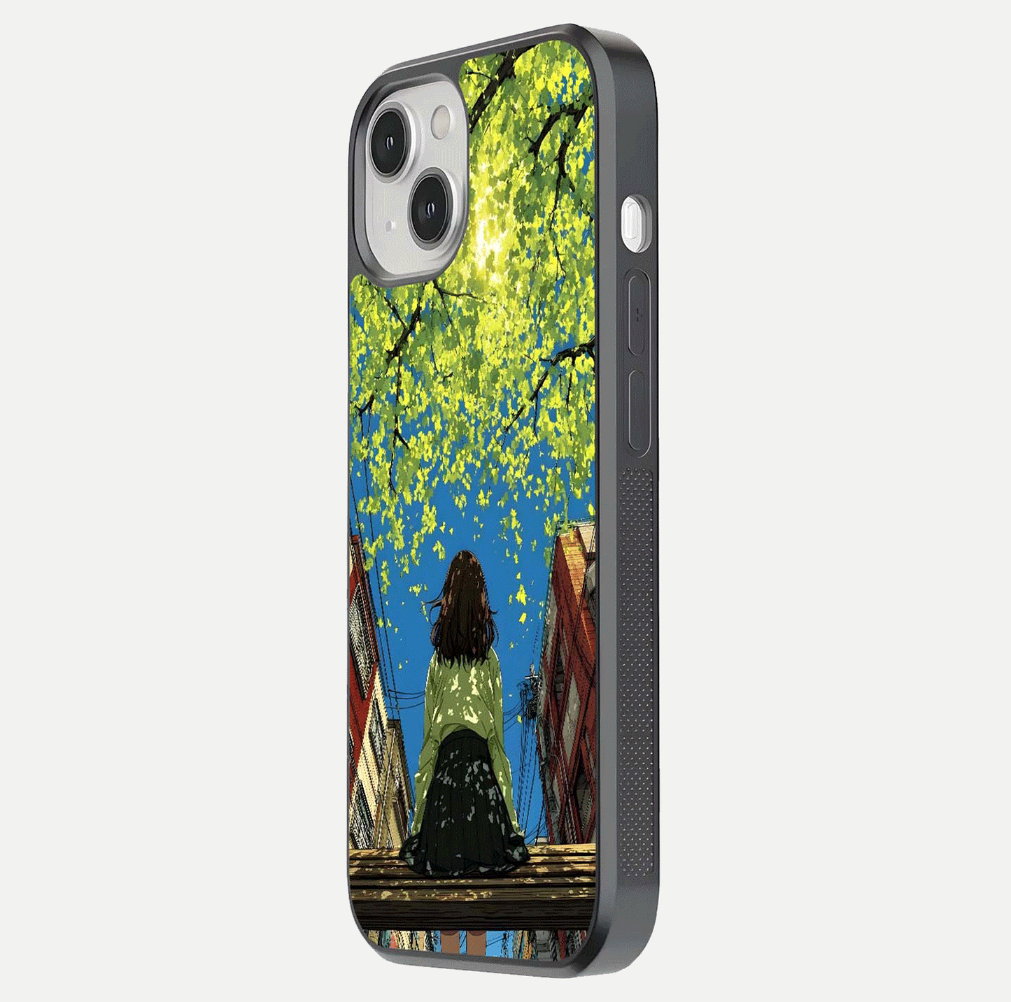 Golden Leaves Glow Glass Case for iPhone 13 side-angle image showing reflection polish and elegant pattern
