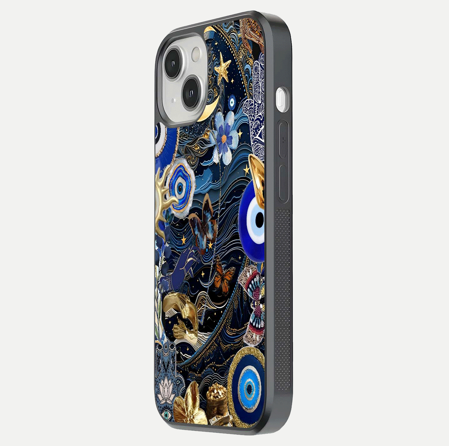 Golden Moon Magic Glass Case for iPhone 13 side-angle image showing reflection glow, curved polish, and moon detail
