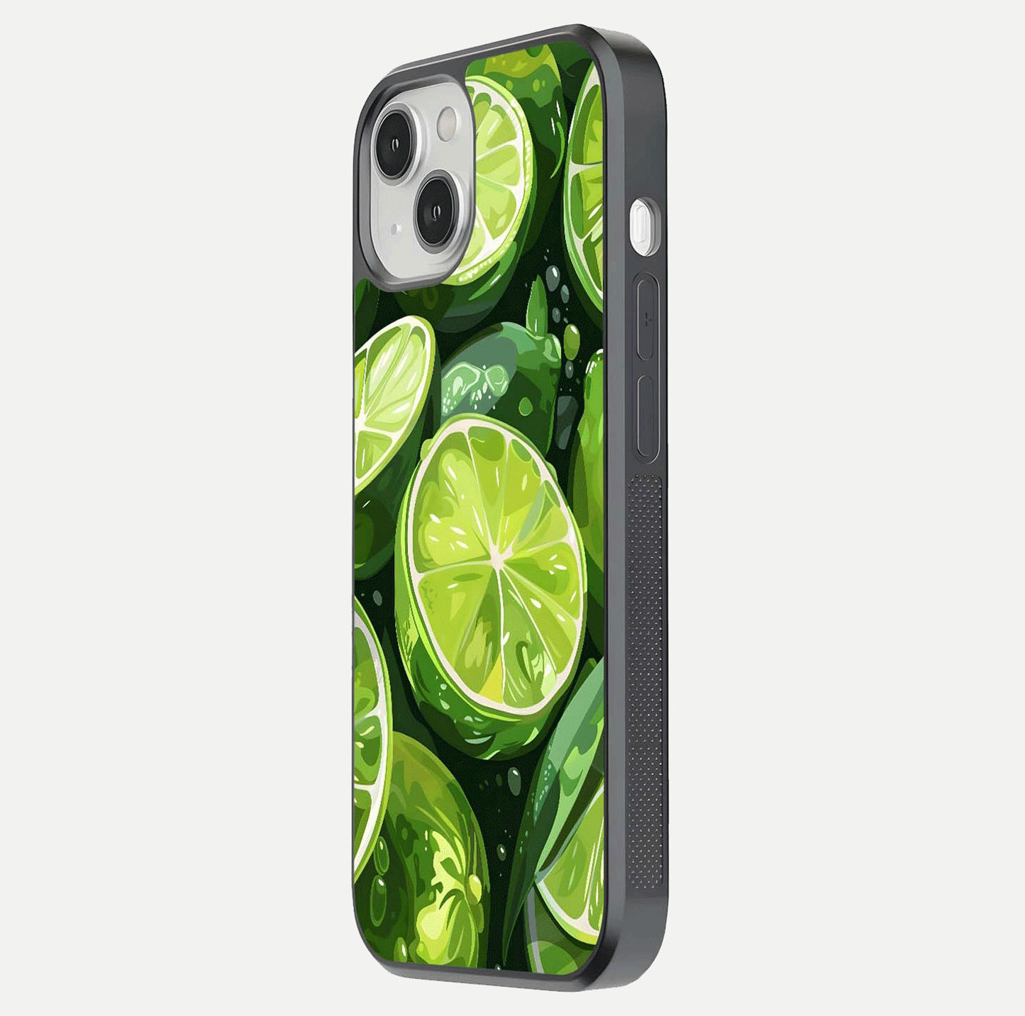 Green Lemon Glass Case for iPhone 13 side-angle image showing reflection glow and juicy color tones