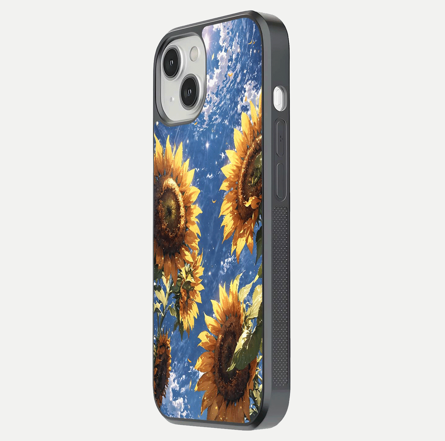Heavenly Sunflower Rise Glass Case for iPhone 13 side-angle image showing reflection glow and soft yellow tone