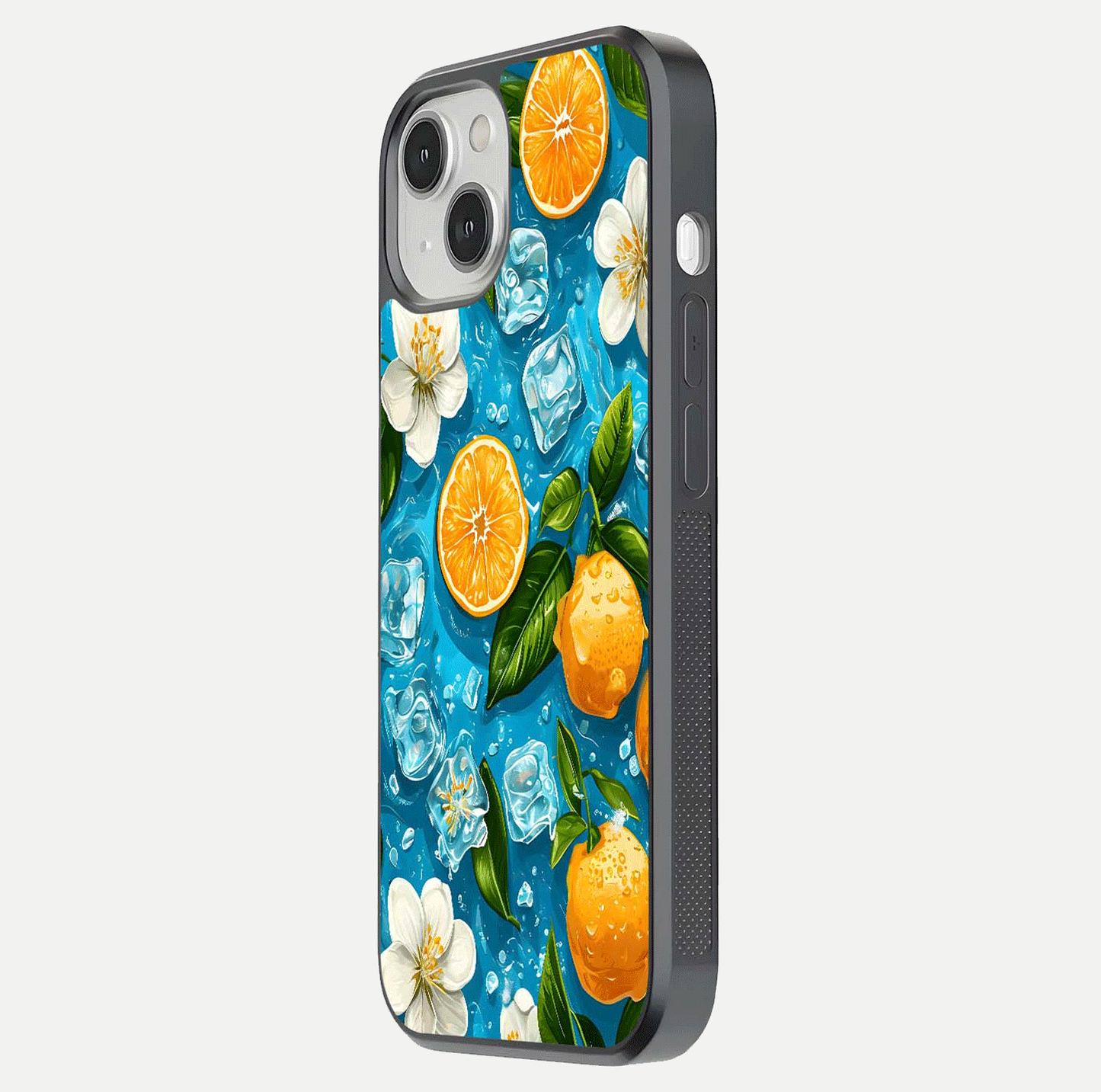 Ice Cube With Orange Glass Case for iPhone 13 side-angle image showing reflection brightness and juicy pattern detail