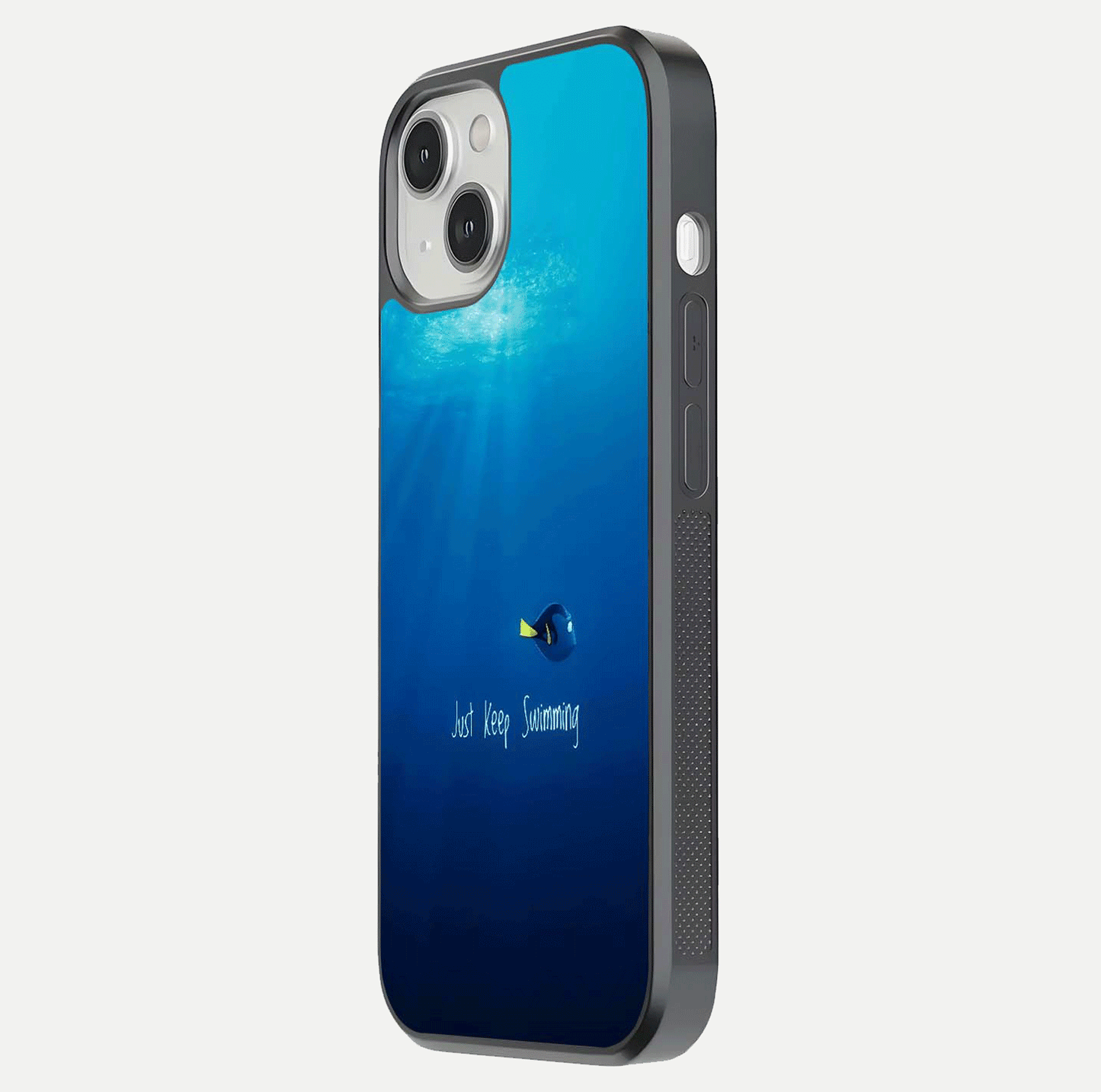 Just Keep Swimming Glass Case for iPhone 13 side-angle image highlighting reflective surface and positive quote