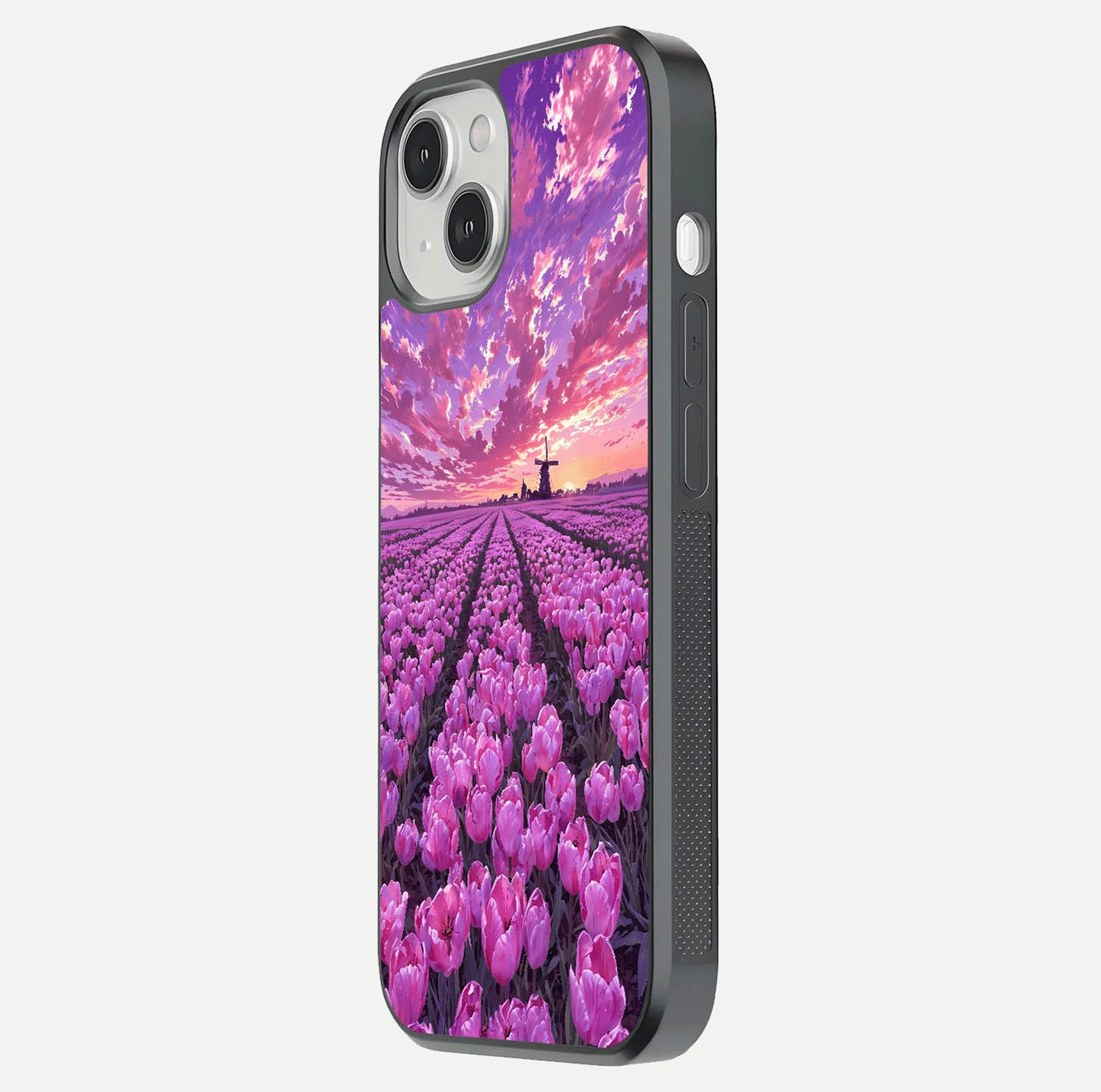 Lavender Dream Skies Glass Case for iPhone 13 side-angle image showing reflection depth and serene tones