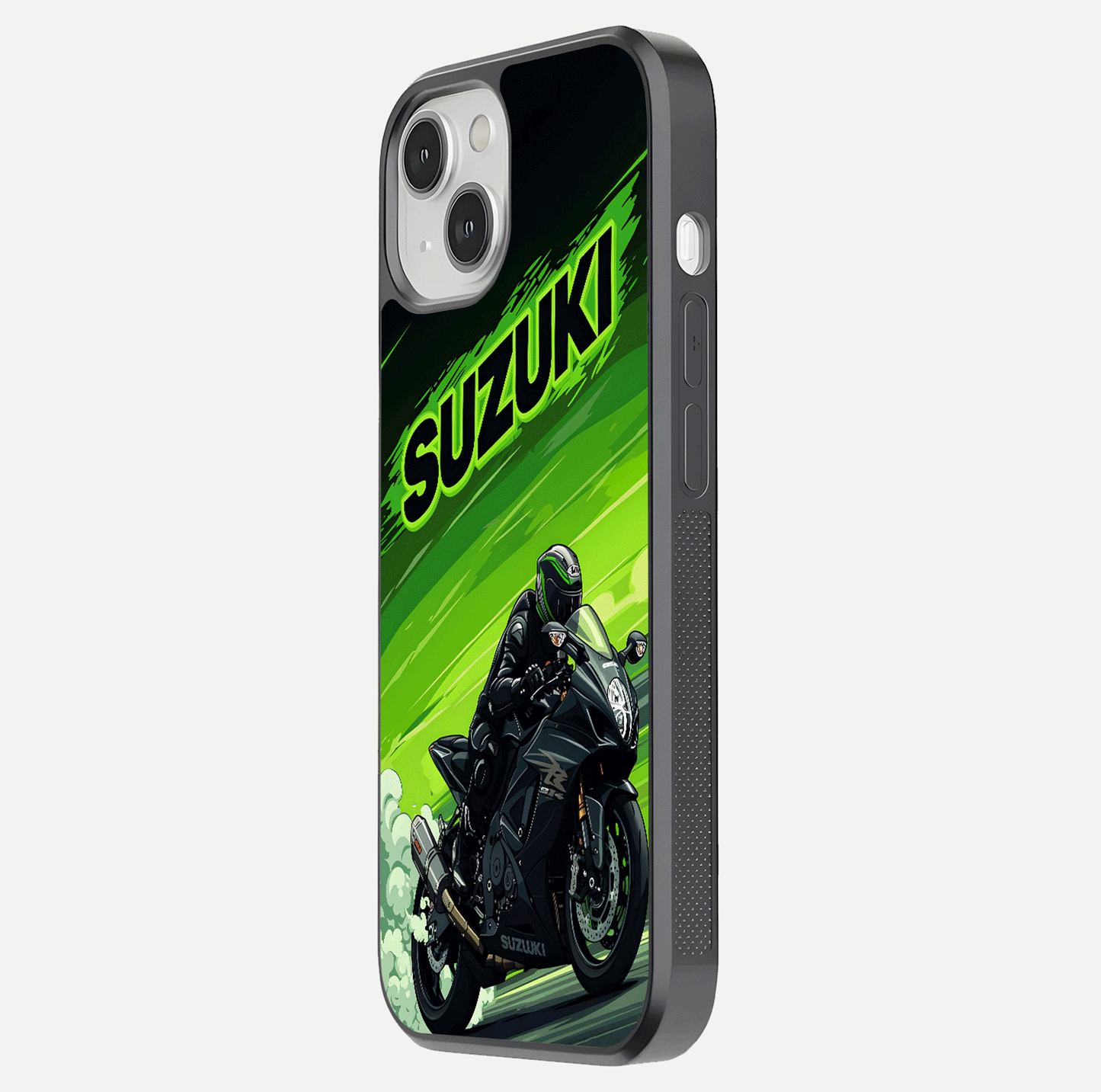 Suzuki Speed Beast Glass Case for iPhone 13 side-angle image showing reflection, gloss, and car detailing