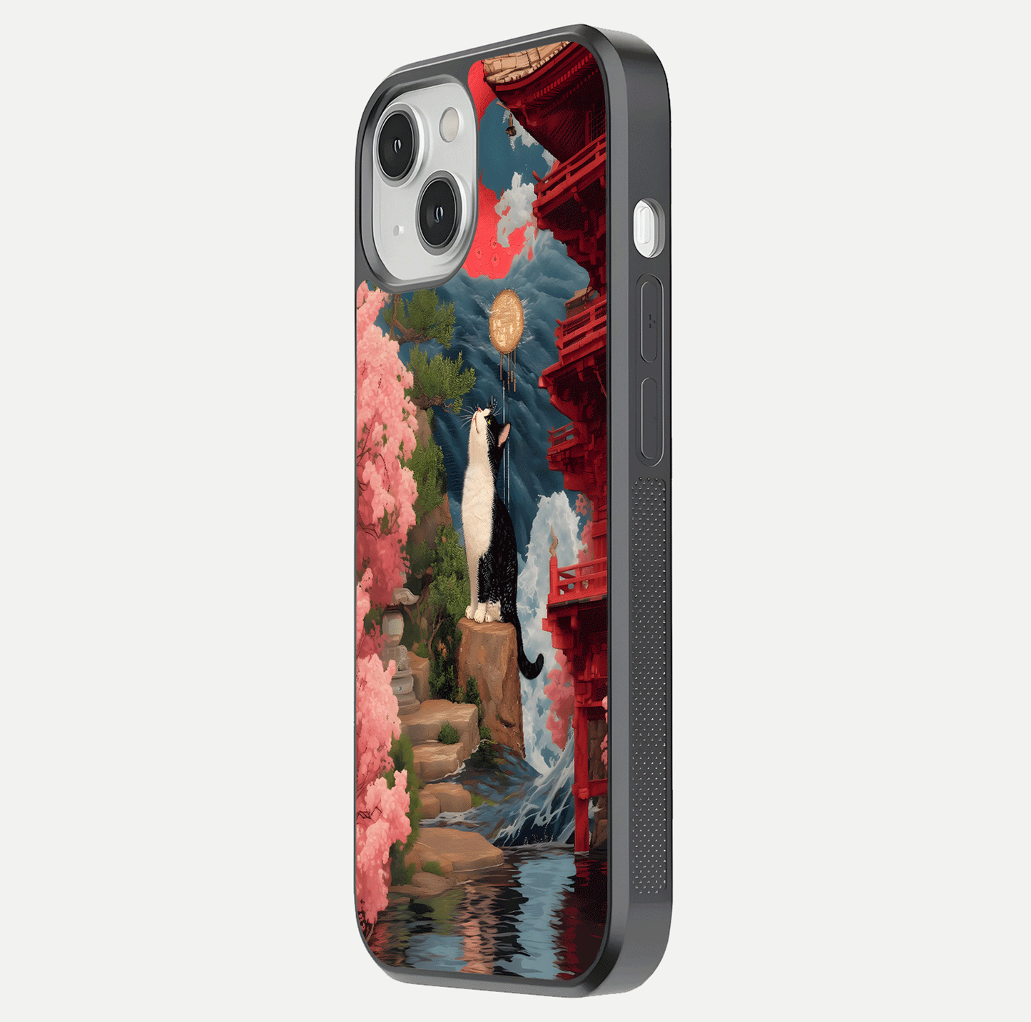 Temple Cat Scenery Glass Case for iPhone 13 side-angle image showing shine and printed temple pattern